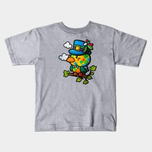 St. Patricks Adorable Green Bird in Blue Hat Cartoon Art Kids T-Shirt